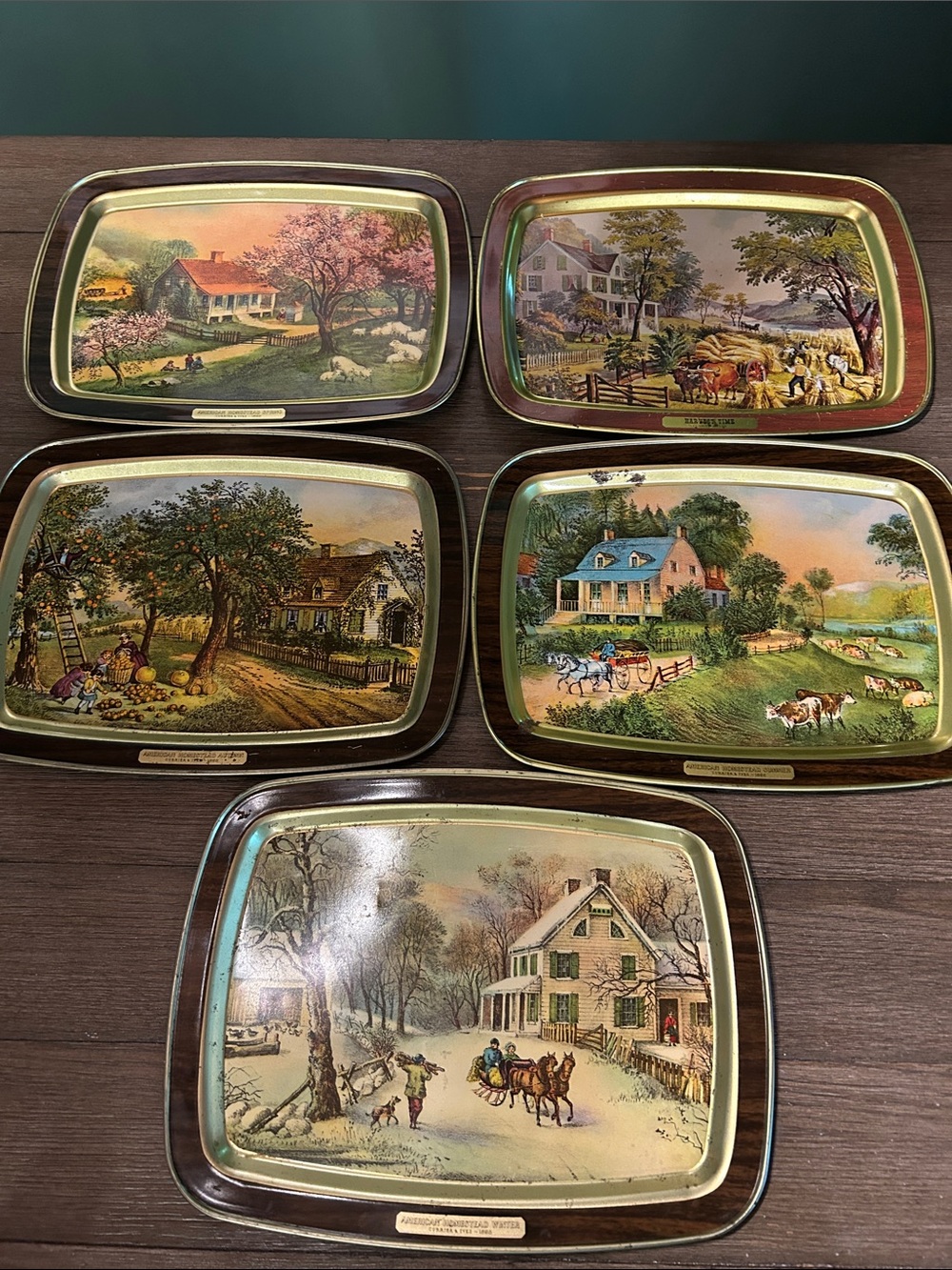 Vintage Currier & Ives tin tray lot 5 trays included